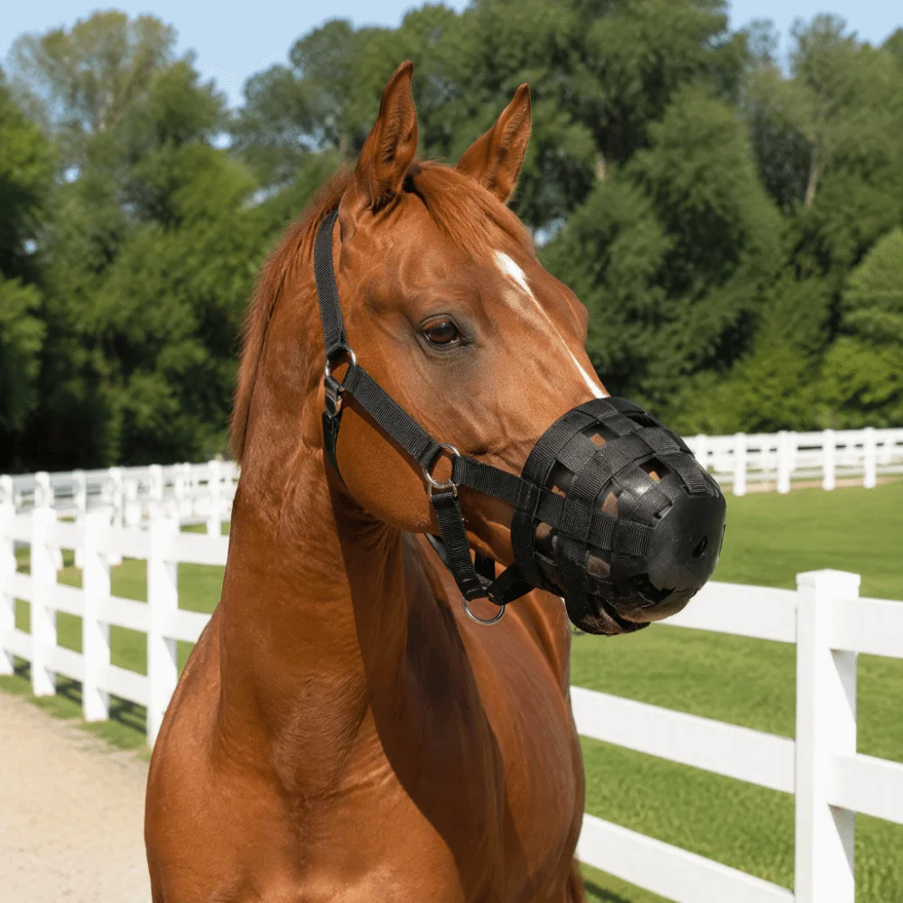 Nylon Webbing with Alloy Buckles Horse Grazing Muzzle Black Color Easy Breatheable Design Horse Mouth Cover Durable Construction