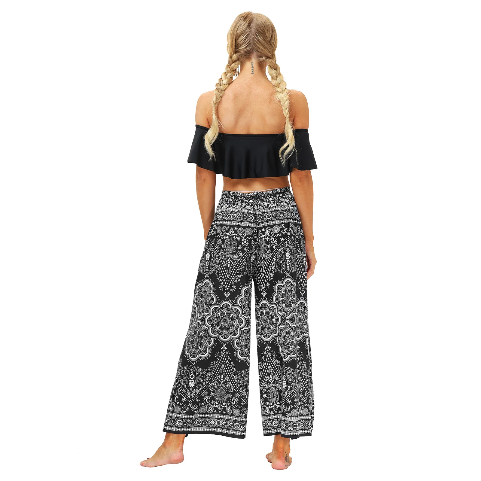 Women Split Wide Leg Elastic Waist Boho Harem Pants Palazzo Split Loose Yoga Trousers
