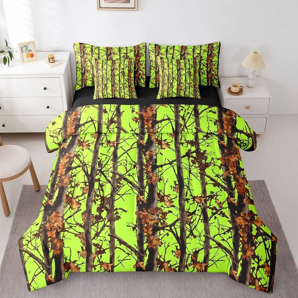 

Комплект постельного белья Lime Green Camouflage King с простынями для подростков, мужчин и охотников, в стиле рустик с изображением лесных ветвей.