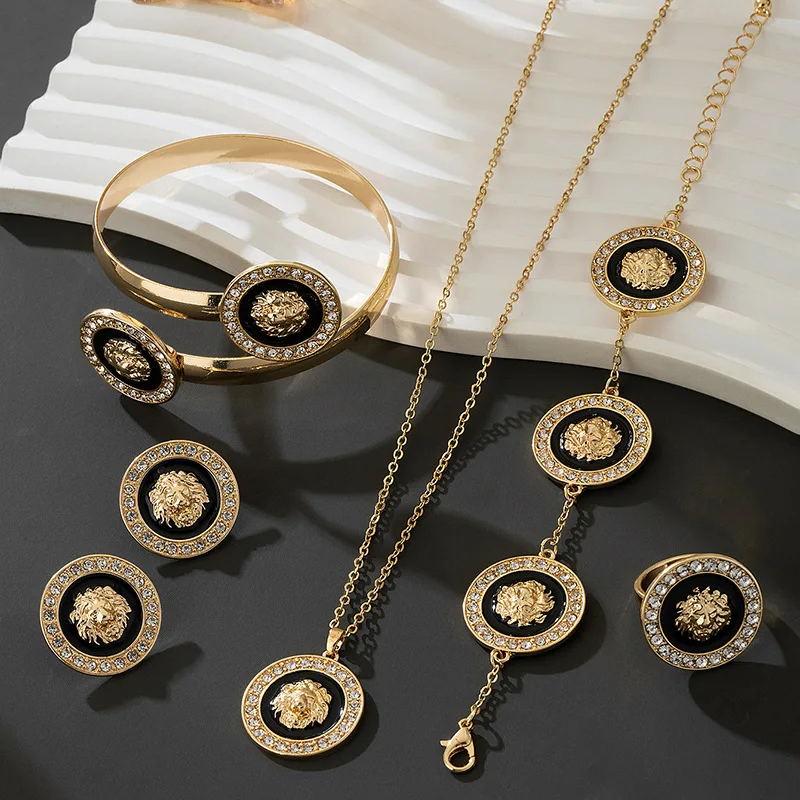 Bold Statement Baroque Style Bangle Bracelet Ring Medallion Shaped Lion Head Embossed Pendant Necklace Earrings Jewelry Set