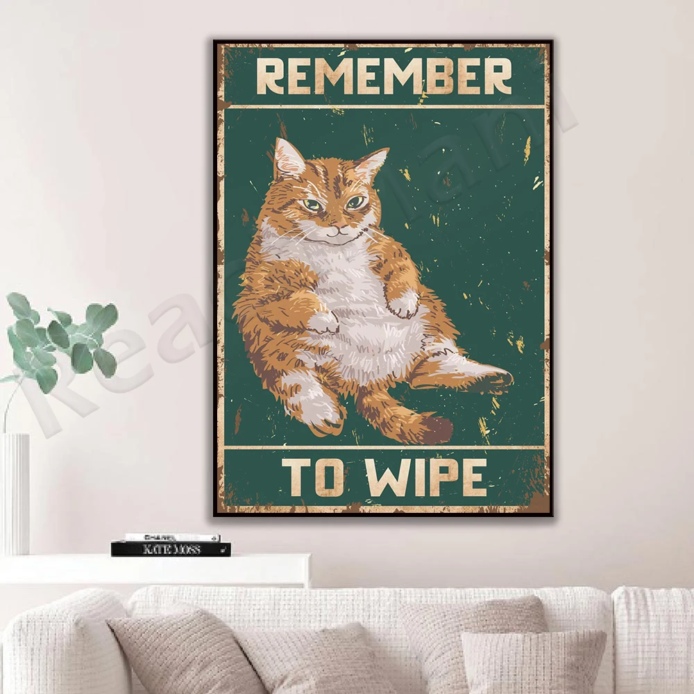 Remember to rub the cat funny cat bathroom decor poster, bathroom art retro style cat bathroom wall decor