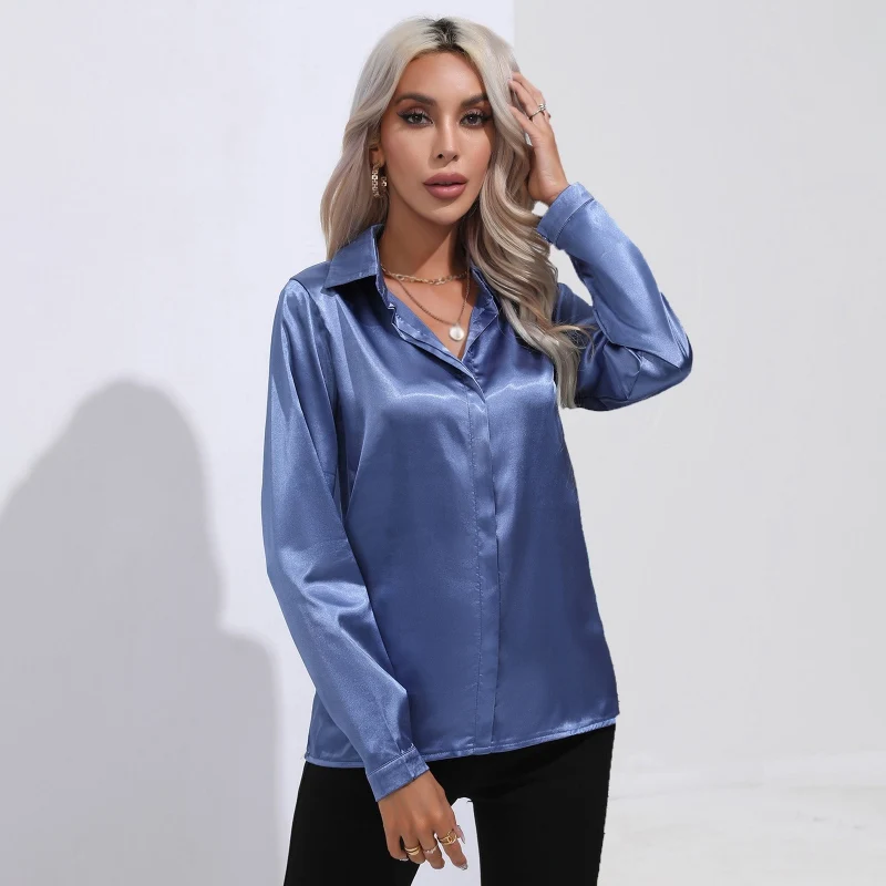 Spring Autumn Satin Shirt Women V Neck Long Sleeve Office Shirt Blouses Ladies Black White Silk Loose Shirts For Women