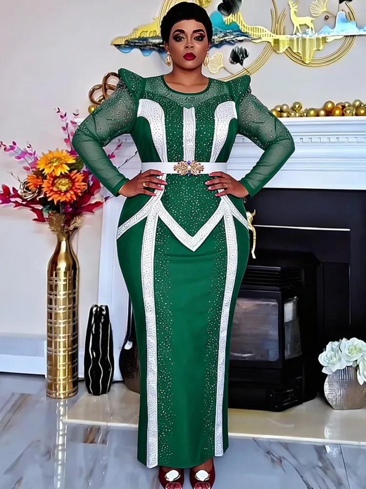 

Plus Size African Party Dresses For Women Dashiki Diamond Pleated Long Dress Elegant Turkey Muslim Wedding Evening Gown