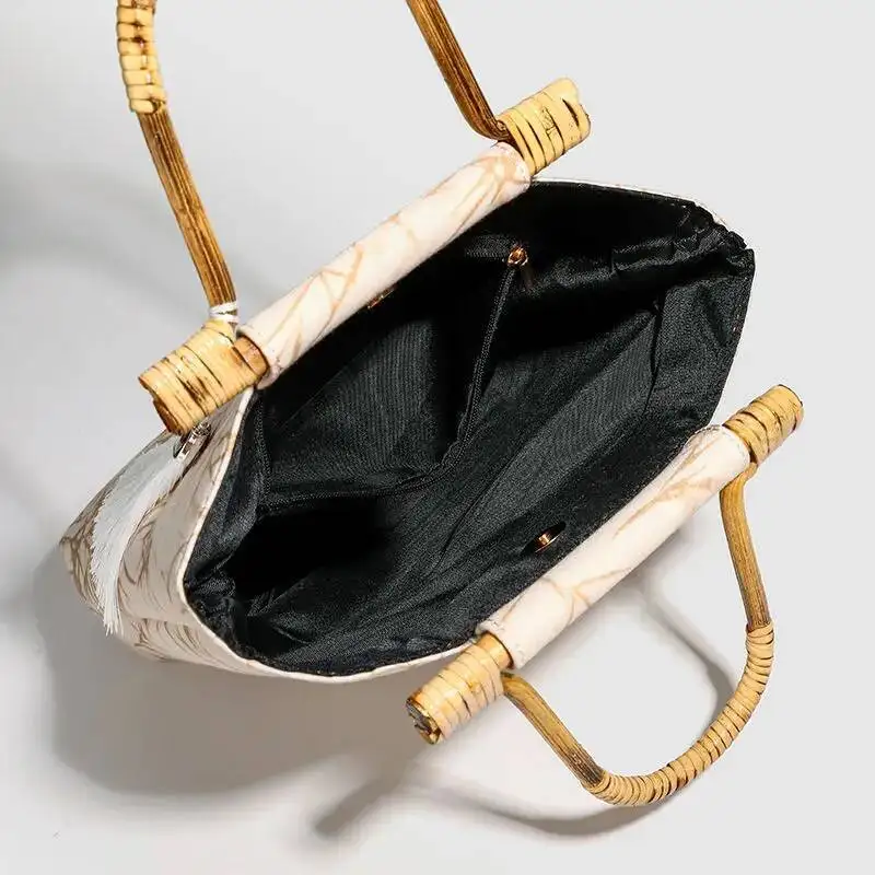 Retro Pattern Beige Handbag Women Bamboo Handle Cheongsam Dress Large Capacity Banquet Bag Ladies Elegant Premium Purse