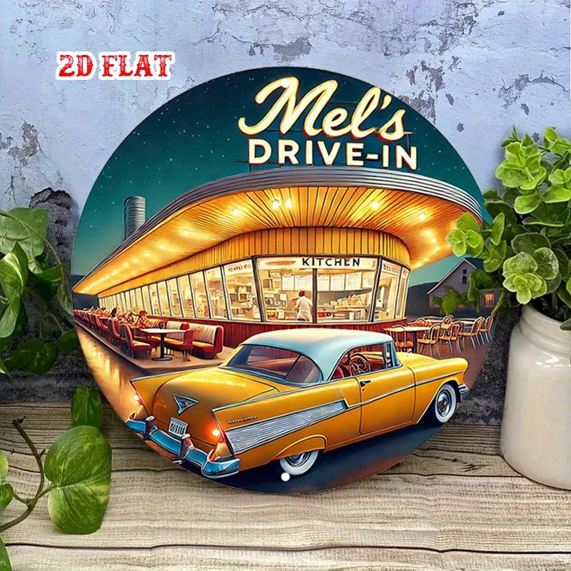 2D Flat - Round Sign Featuring, Showcasing a Night Scene. This Retro Diner Sign Perfect for Home, Garage, Dining Areas, Or Cafes