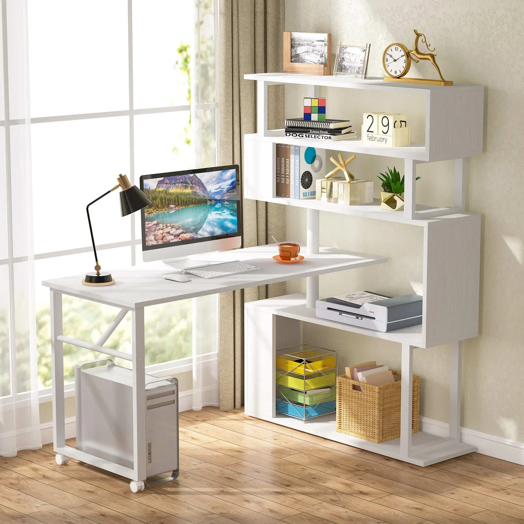 Tribesigns Rotating Computer Desk with 5 Shelves Bookshelf, Modern L-Shaped Corner Desk with Storage, Office Desk Study Table