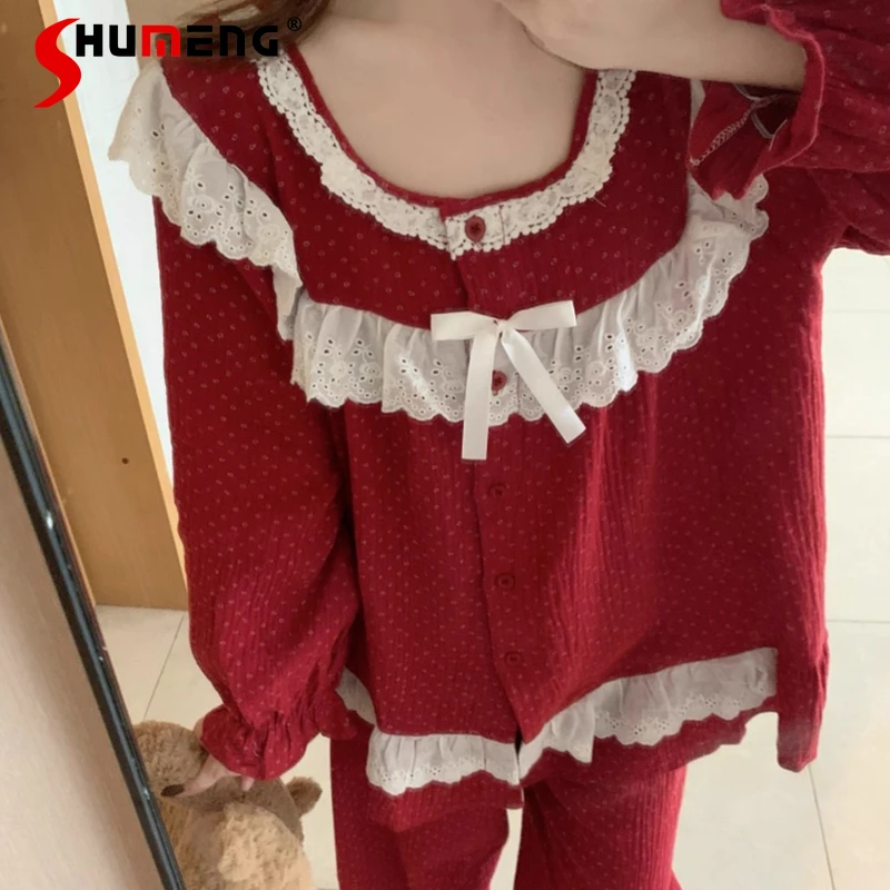 

Japanese Style Lace Floral Cotton Pajamas for Women Spring Autumn Double Layer Cotton Underwear Lady Long Sleeve Homewear