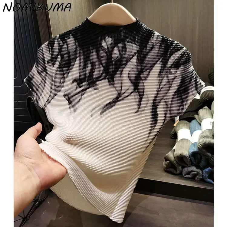 Nomikuma Elegant Stand Neck Short Sleeve Printing Y2k Top Shirts Women 2023 Summer Korean Fashion Slim Folds Graphic T Shirts