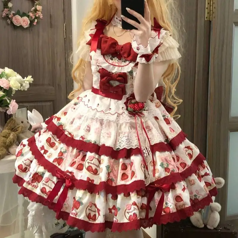 Kawaii Red Strawberry Lolita JSK Dress Sleeveless Tier Lace Bow Ruffle Mini Princess Skirt For Girls Tea Party Outfit