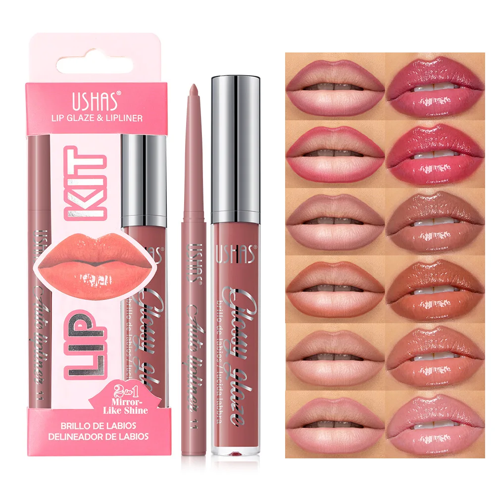2In1 Lipstick Set Makeup Lip Glize & Lip Linze Lasting Cosmetics Nude Brown Contour Lipliner Water Mirror Moisturizing Lipgloss
