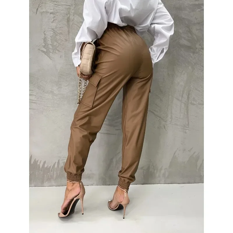 Ankle-Tied Elastic Waist PU Pants High Waist Pockets Y2K Pocket Leather Pants Women Streetwear Straight-Leg Cargo Pants