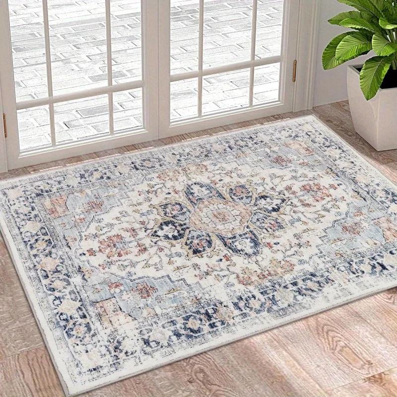 Vintage Persian Blue White Flannel Bath Mat, Elegant Medallion Pattern Anti-Slip Absorbent Rug for Living Room & Bedroom,