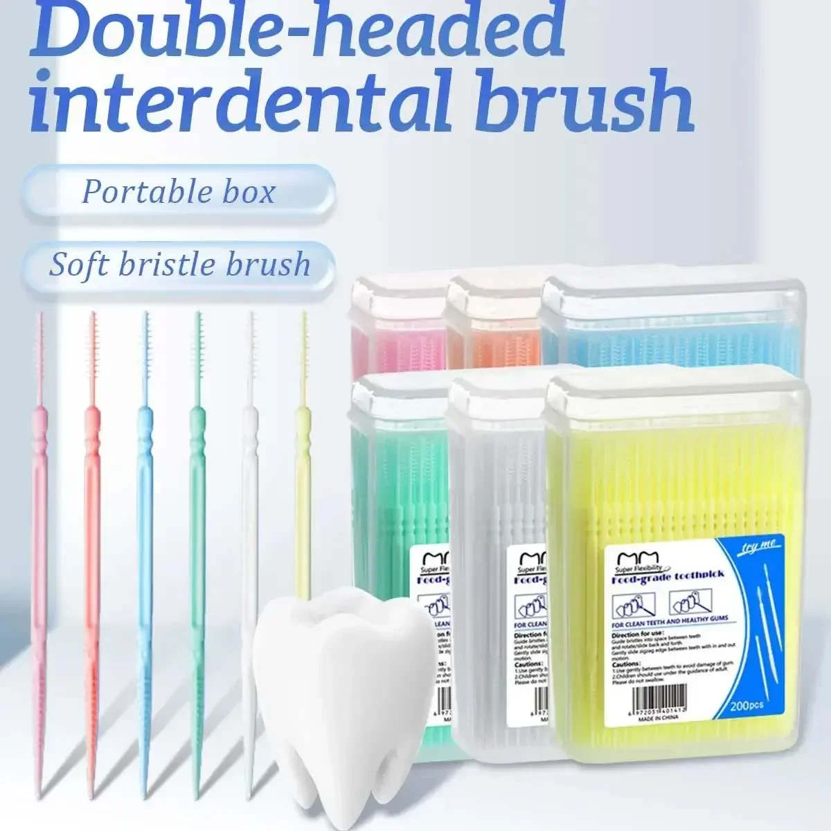 100 Double Headed Toothpicks Brush Plastic, Threaded Oral Cleaning Tool, Portable Home Box, Teeth Cleaning