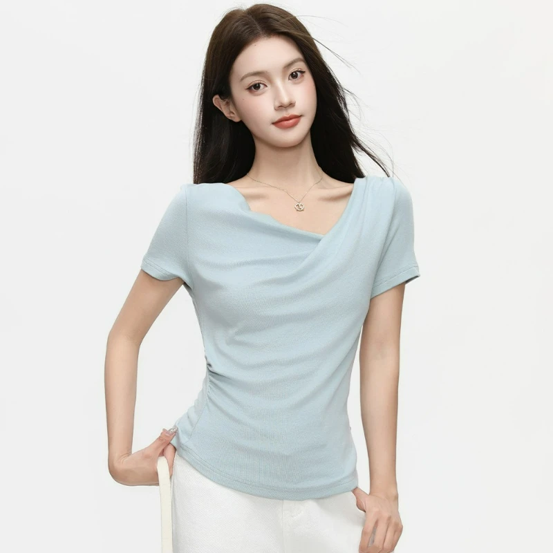 Dopamine Irregular Swing-neck Off-the-shoulder Short-sleeved T-shirt for Women 2026 Summer New Fashionable High-end Slimming Top