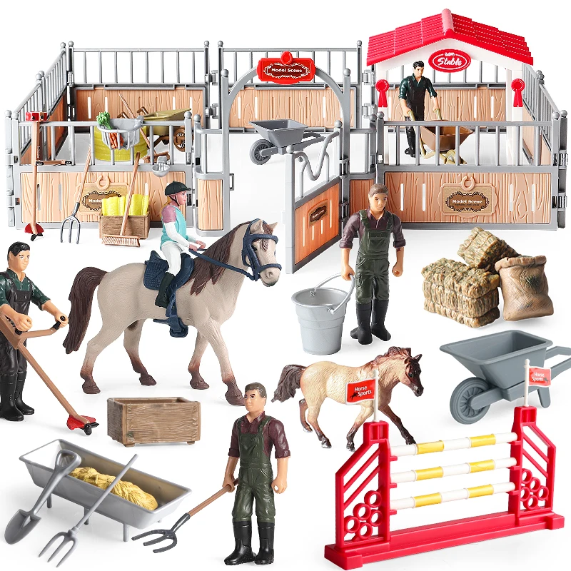 Oenux Farm Model Rider House Horse Stable Equestrian fencing Action Figures Animals Set Figurine Early Education Kid Toy Gift