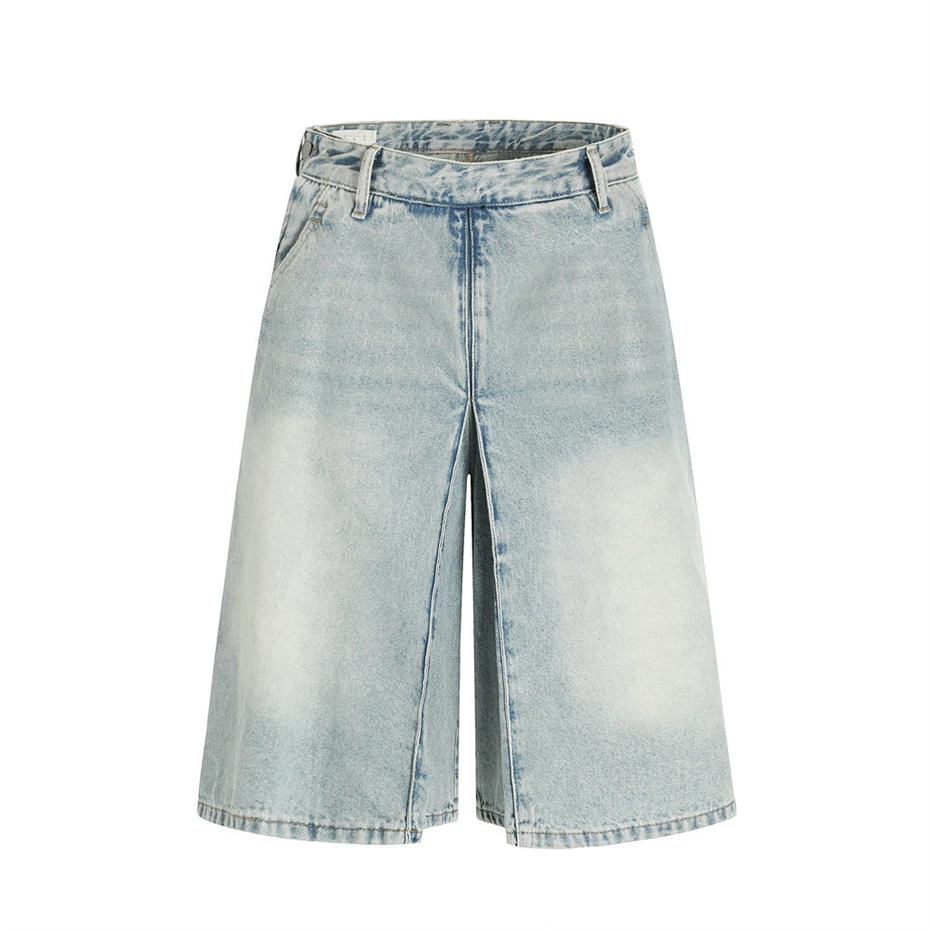 

Mens Washed Jeans Streetwear Hip Hop Fake Two Pieces Denim Pants Harajuku Vintage Baggy Wide-leg Knee Length Pants Unisex