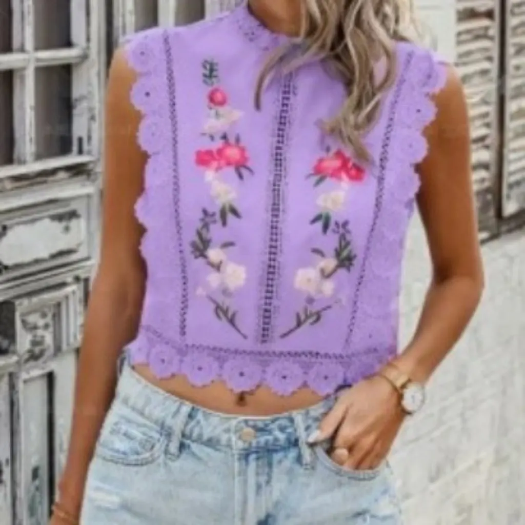 

Женская кружевная футболка с вышивкой без рукавов, шифоновый топ с круглым вырезом, модный в европейском и американском стиле