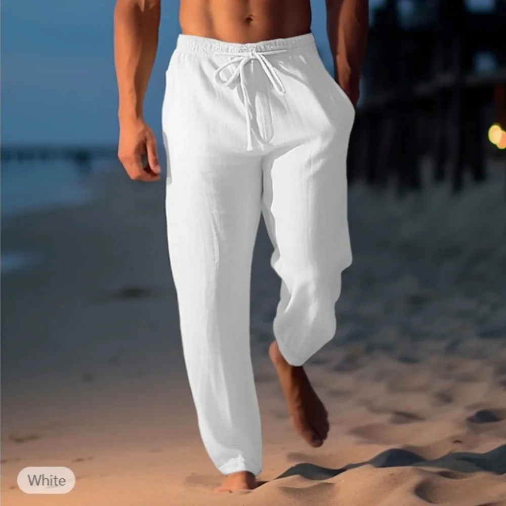 2025 New Men's Beach Pants Joggers Streetwear Cotton Linen Sweatpants Casual Pants Hawaiian Vacation Loose Summer Long