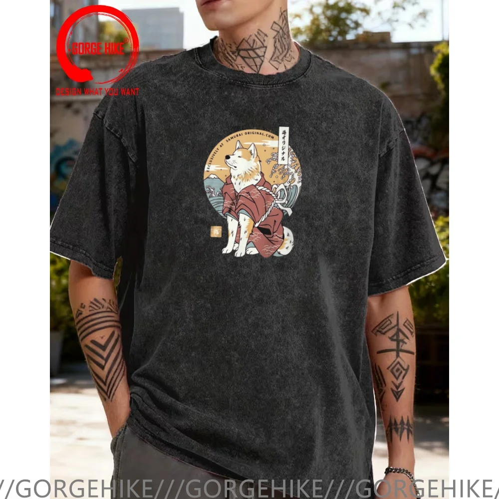

Винтажная футболка из выстиранного хлопка с забавным дизайнерским принтом собак породы Шиба-ину и Акита-самурай, модная повседневная одежда для мужчин, стильные топы