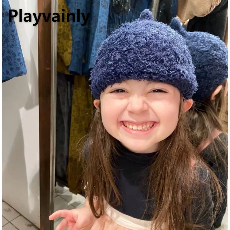 

2025 Новая осенне-зимняя плюшевая шапка для младенцев, красная, желтая, кофейная, темно-синяя, для маленьких девочек и мальчиков, милая теплая пушистая шапка, детские аксессуары A2412