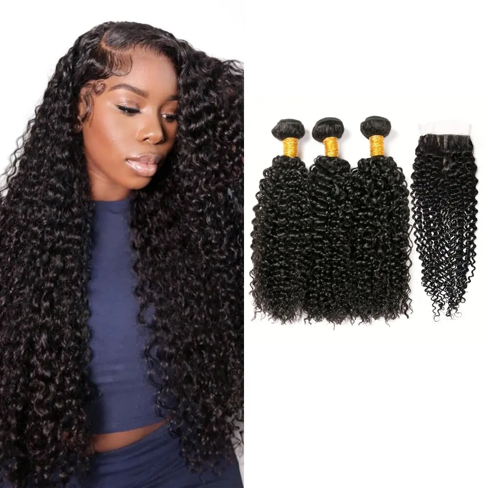 

Вьющиеся волосы, необработанные девственные человеческие волосы, 3 пучка с кружевной застежкой 4x4 дюйма, вьющиеся пучки для наращивания волос для женщин ﻿