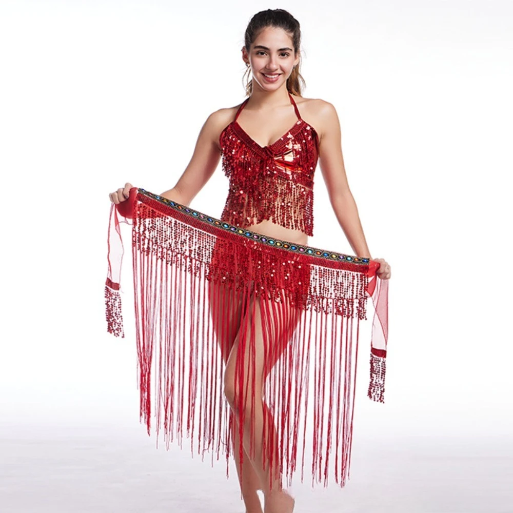 ชุดเต้นระบำหน้าท้อง ชุดแสดงบนเวที ชุดโบฮีเมียน ผ้าคาดเอวพู่ประดับเลื่อม สายคาดเอวสำหรับงานปาร์ตี้ เสื้อผ้าผู้หญิง