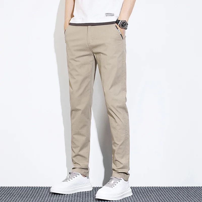 Summer Thin Men\'s Light Business Casual Pants Khaki Stretch Soft Straight Leg Breathable Slim Fashion Casual Trousers Male