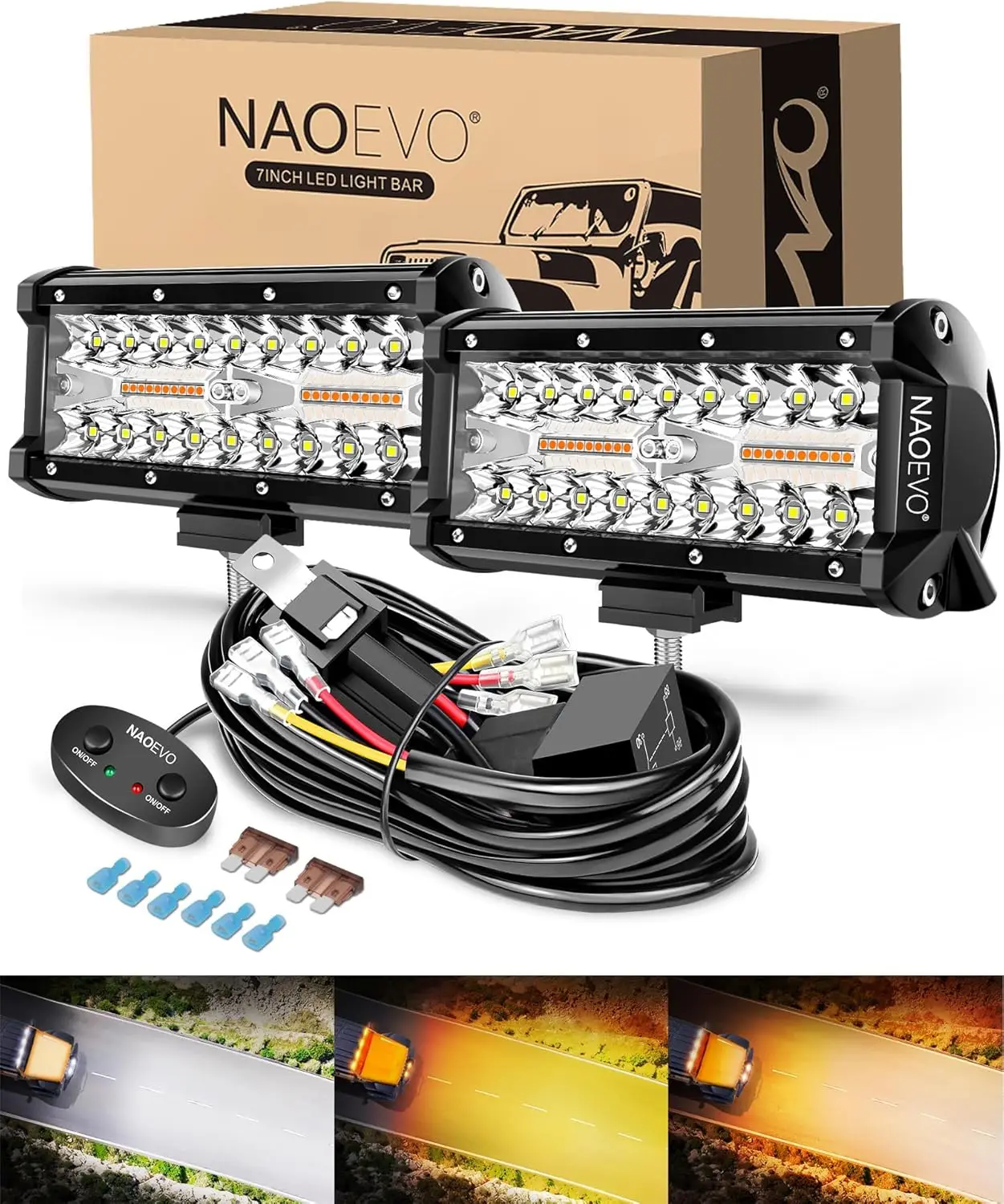 

NAOEVO 7“ LED Light Bar 240W Combo White Amber Driving Fog Lights with Wiring Harness for Truck ATV UTV 4x4 Boat off-road use