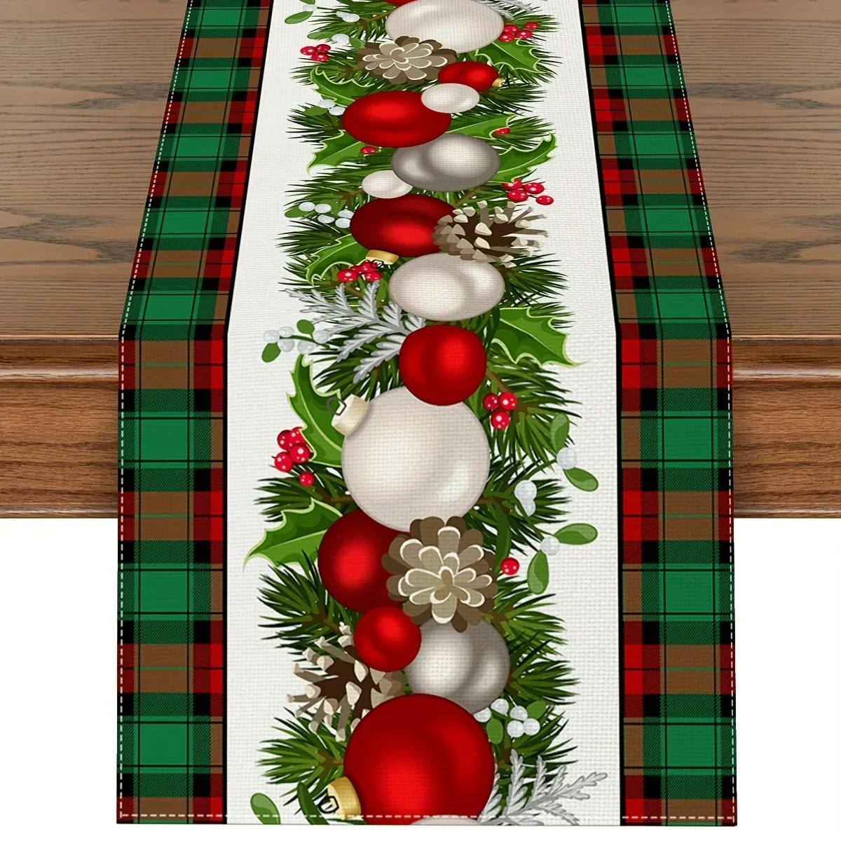 1Pc Christmas Plaid Table Runner Red Green White Bauble Holly Pinecone Print Table Cover For Dining Kitchen Party Decoration Tab