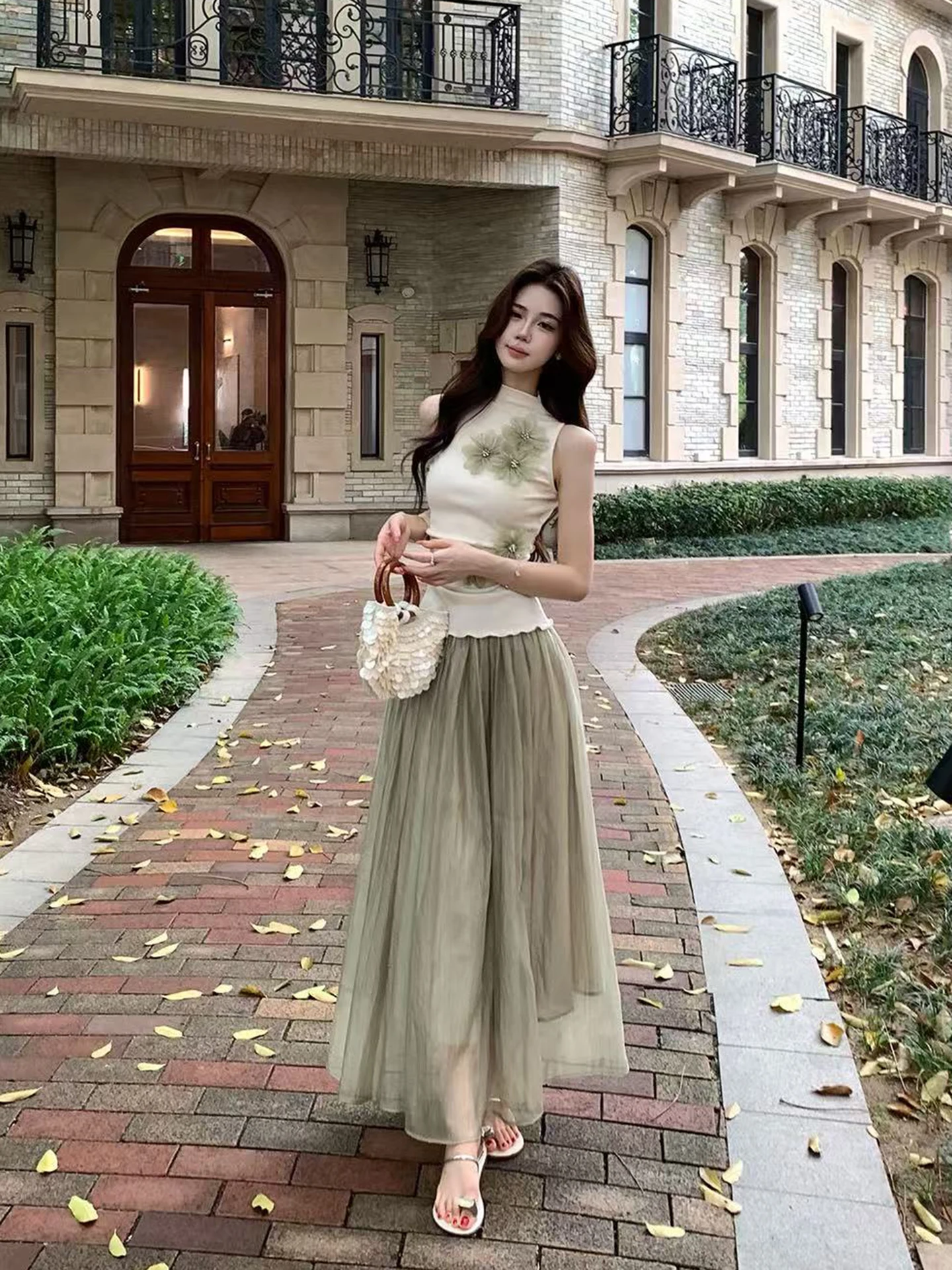 

Spring 2026 Women's Knitted Vest Top Set Sleeveless Mesh Gored Skirt Two-Piece Floral Print Fashionable Sensation