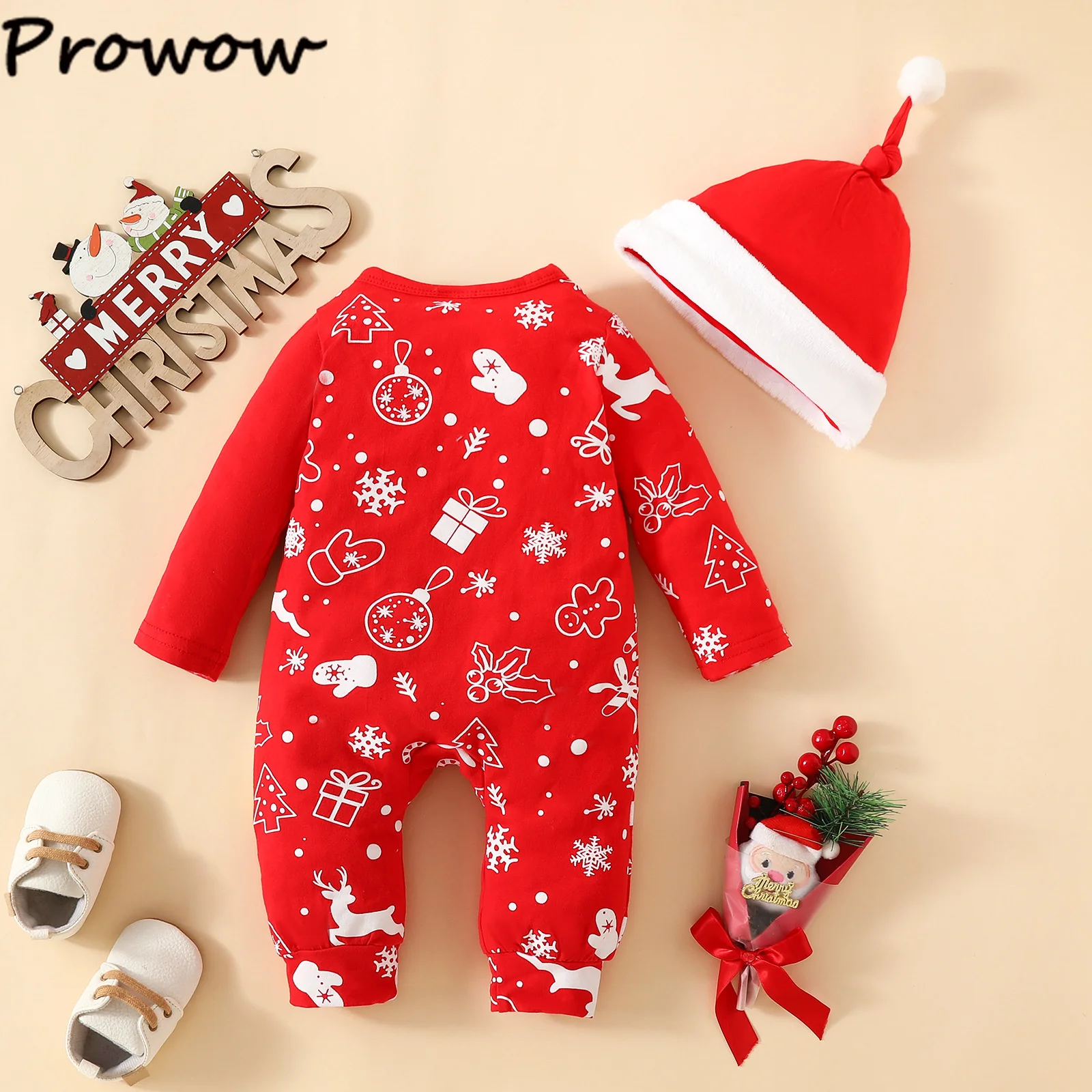 Prowow Baby Christmas Clothes Cartoon Deer Romper Red Jumpsuit For New Year Bodysuit My First Christmas Baby Costume 2025