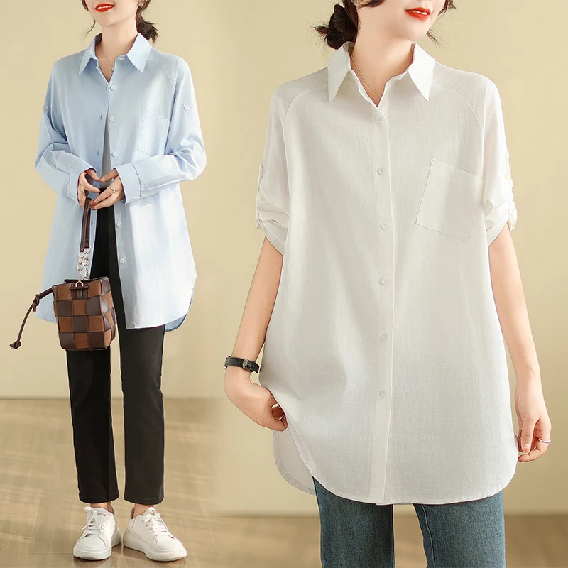 

Autumn Loose Women's Cotton Shirts Women Vintage Oversized Long Sleeve Blouses Streetwear Korean Turn Down Collar Loose Top