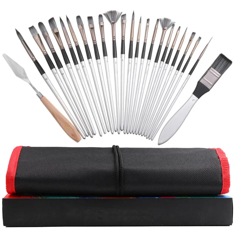 24pcs/set Wooden Handle Watercolor Nylon Hair Painting Brush Scrubbing Scraper Acrylic Painting Art Paint Brushes Supplies