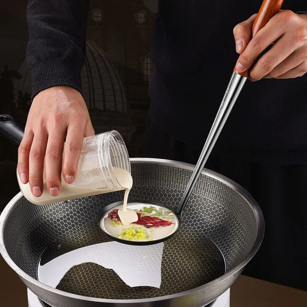 

Oil Cake Spoon Mold for Frying Snack Kitchen Pancakes Non-stick Stainless Steel Large Shallow Wood Handle Heat Resistant Cooking