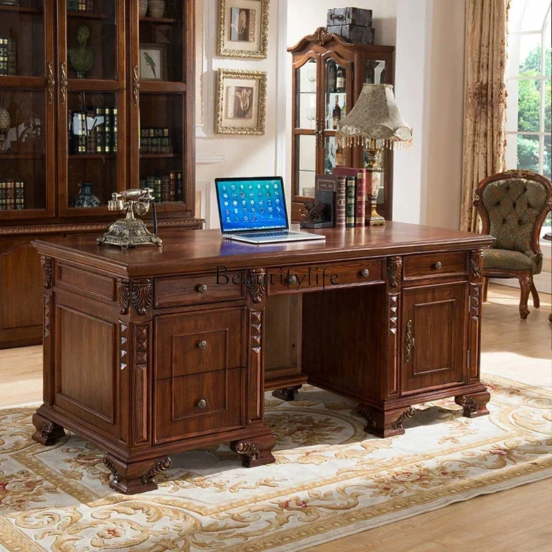 

66.American all-solid wood desk home European desk retro engraving