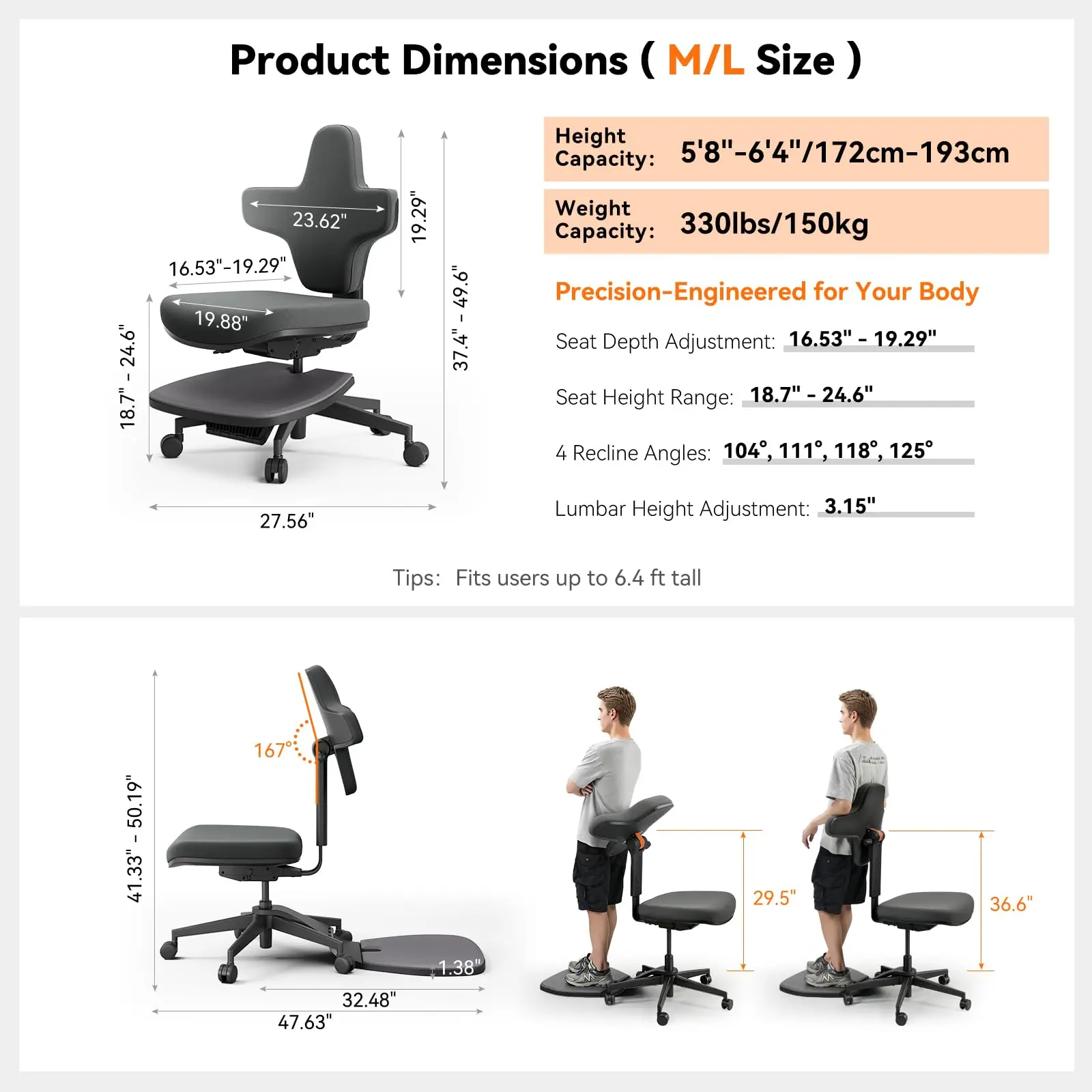 Standing Desk Chair, Ergonomic Standing Mate Chair Stool with 167° Adjustable Flip Backrest, Multi-Position