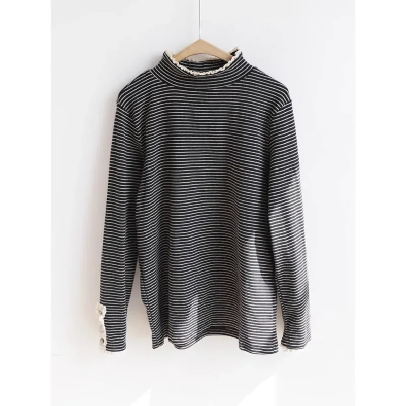 Semi-turtleneck Horizontal Striped Cuffs Bottoming T Shirt Women Button Sticker Lace Color Matching Half Turtleneck Base Tee Top