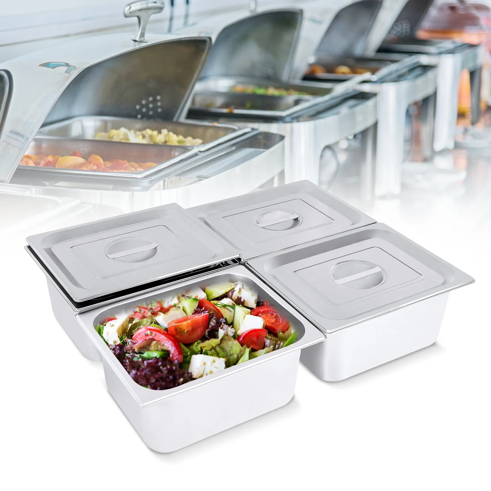 

4 Packs Stainless Steel Hotel Pan, 1/2 Size x 6" Deep, 22 Gauge/0.7mm Thick Steam Table Pan with Lid