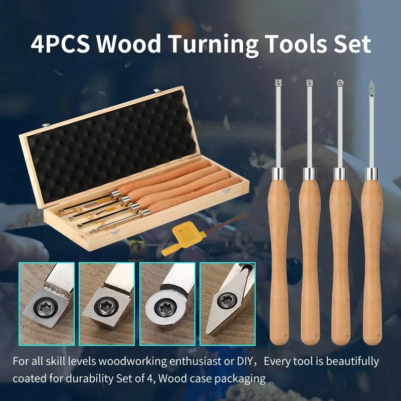 4pcs Wood Lathe Turning Tool Set with Carbide Insert Lathe Chisel Set Woodworking Tools