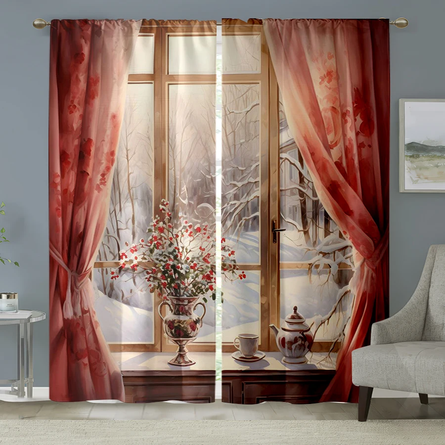2PCS Christmas Winter Curtains, Window Snowy Red Berry Vase, Digital Print, Bedroom Living Room, Home Decor Window Drapes