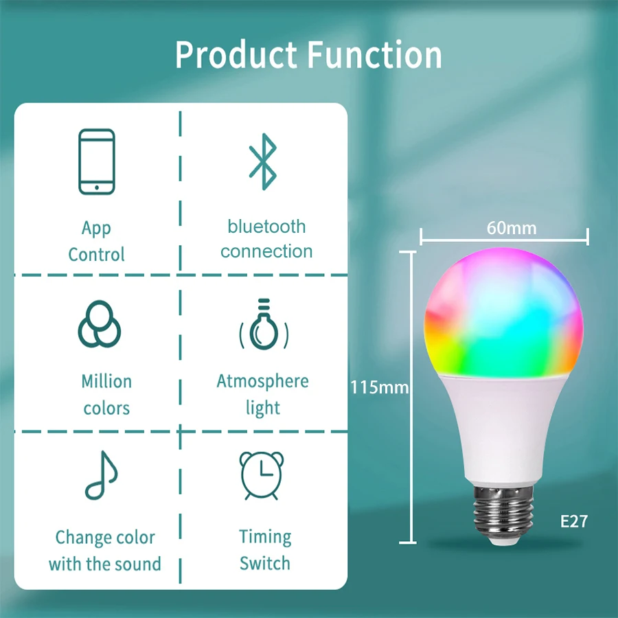 Wireless Bluetooth 4.0 Smart Bulb Tuya APP Control Dimmable 25W E27 RGB+CW+WW LED Color Change Lamp Compatible IOS/Android