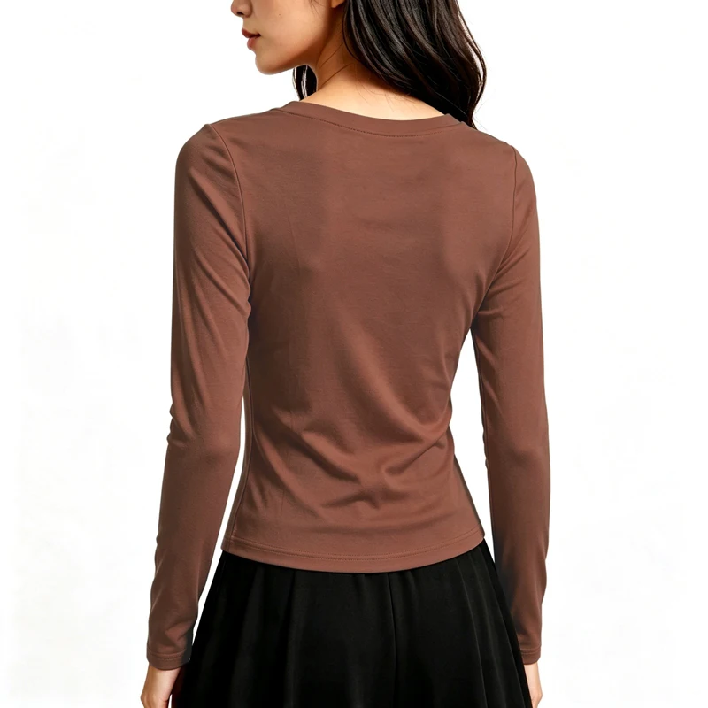 Damen Langarm V-Ausschnitt Slim Fit T-Shirt, Einfarbig, Weich, Dehnbar, Gestricktes Unterhemd, Casual Alltags-Unterwäsche für Frauen Q43 – Detail 4