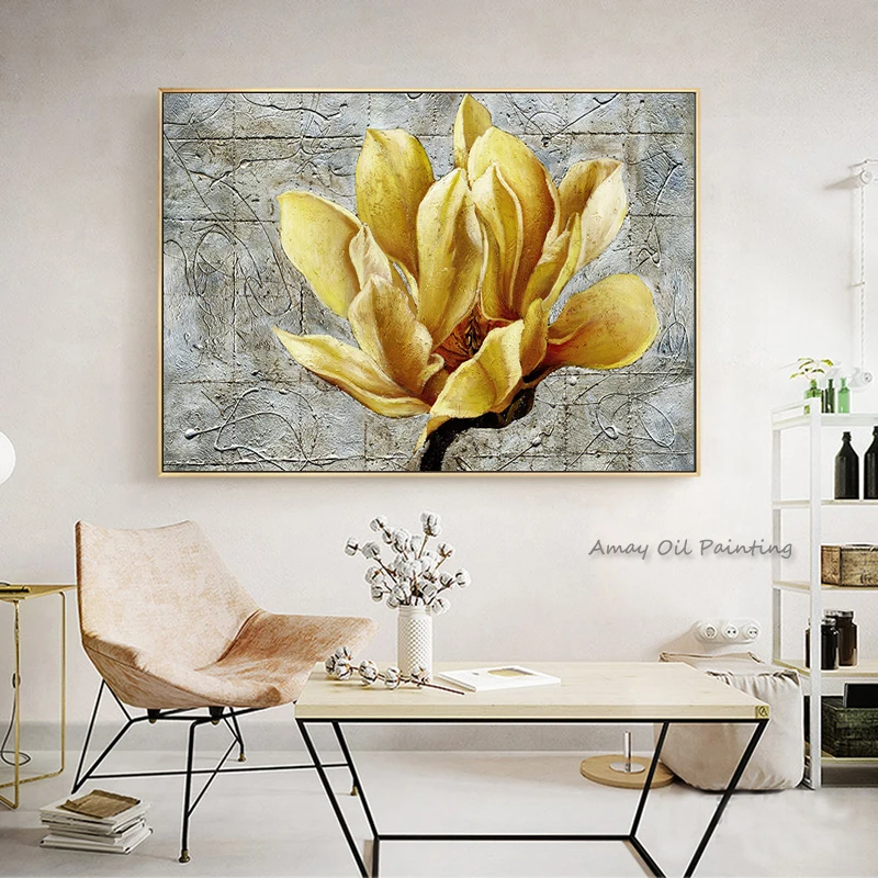 Handpainted Thick Texture Vintage Yellow Magnolia Oil Painting Knife Canvas Elegant Housewarming Decor Gift