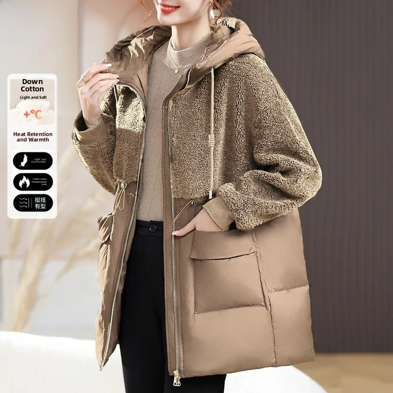 

Теплое пальто из овечьей шерсти для женщин среднего возраста, зимняя одежда, пуховик с хлопковыми вставками, осенне-зимнее пальто большого размера для женщин