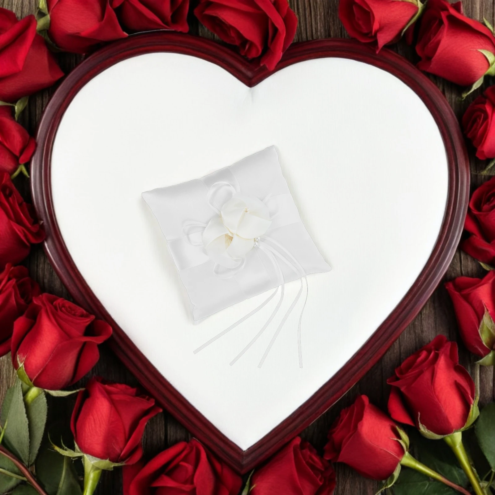 

15X15Cm White Flower Buds Faux Pearls Satin Ribbon Wedding Ring Pillow For Ring Bearer Page Boy Pocket Bridal Ceremony Party