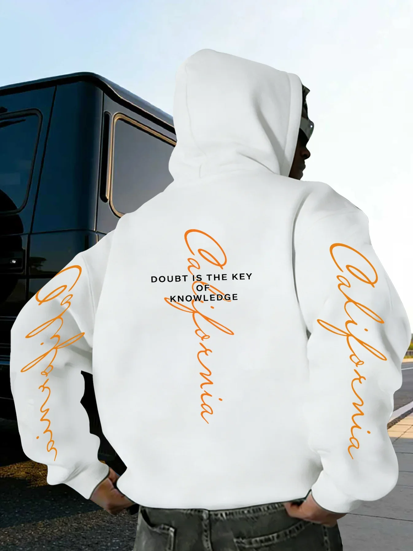 Retro Cursive California Print Hoodie Back & Sleeve Slogan Graphic Casual Pullover Sweatshirt For Men Loose Autumn Winter Fleece