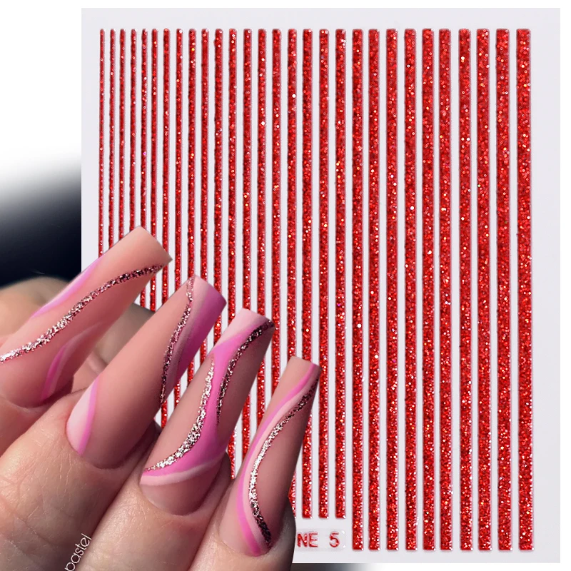 Red Silver Lines 3D Nail Stickers  Rose Gold Geometry Metal Stripe Nail Decals Slider Manicure Nail Art Decorations