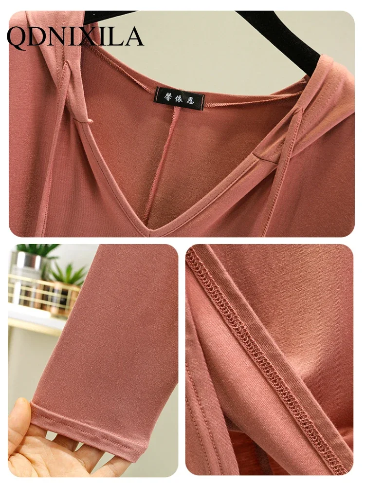 New Modal T-shirt Women Loose Thin Bottoming Shirt Long Sleeve Drawstring Hooded Sweater Woman Tshirts  Tops  Shirts for Women