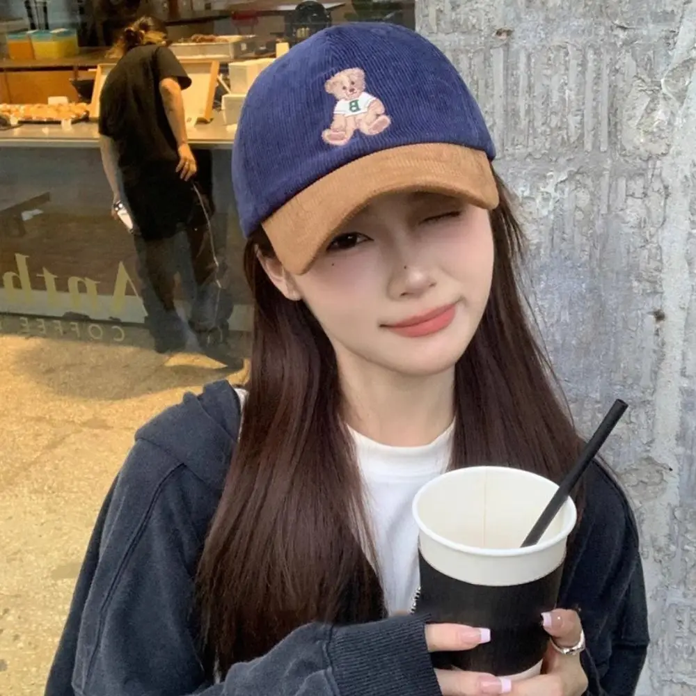 Casual Embroidered Bear Baseball Hat Breathable Wide Brim Travel Sunshade Hat Corduroy Adjustable Outdoor Sport Hat