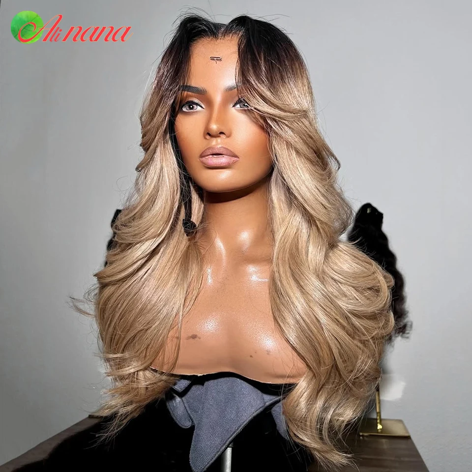 

Ombre Blonde With Root Colored 13x6 Transparent Lace Frontal Wig Body Wave PrePlucked 5x5 Lace Closure Human Hair Wig For Women